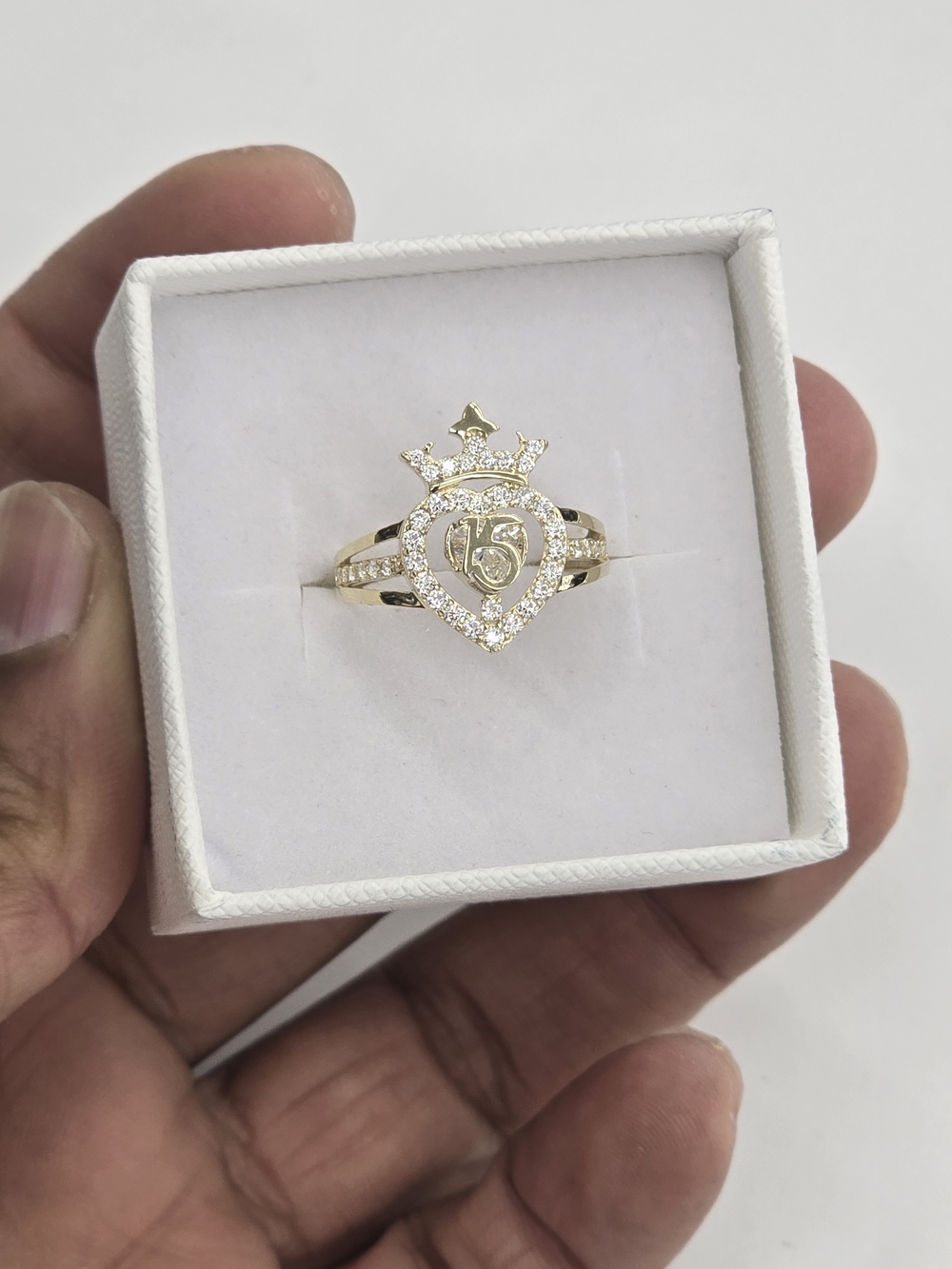 10k Real Gold Heart Crown Quincenera Ring For Women